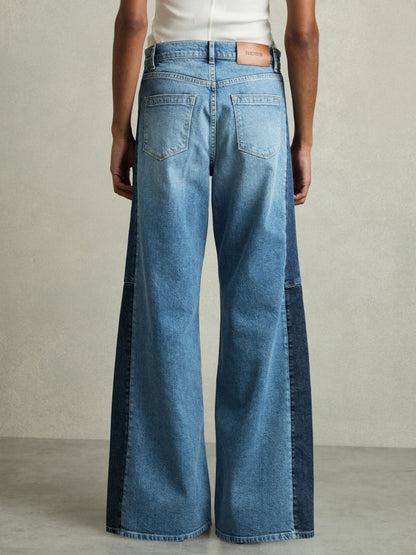 Wide Leg Contrast Panel Jeans in Light Blue