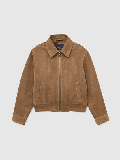 Suede Zip Through Bomber Jacket in Tan