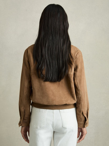 Suede Zip Through Bomber Jacket in Tan