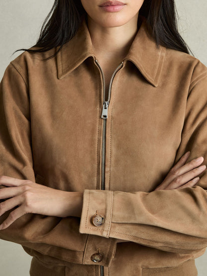 Suede Zip Through Bomber Jacket in Tan