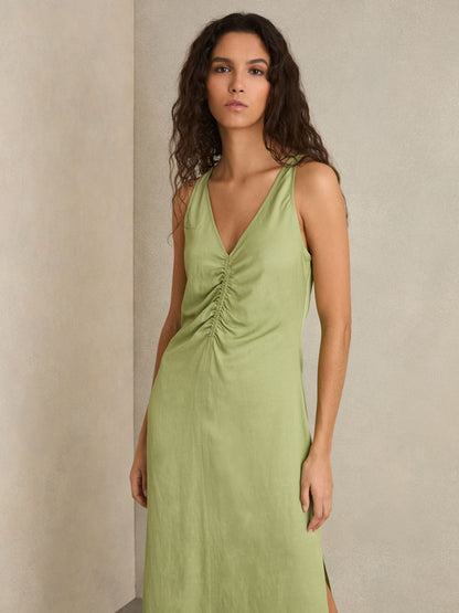 Ruched Sleeveless Midi Dress With Linen in Green
