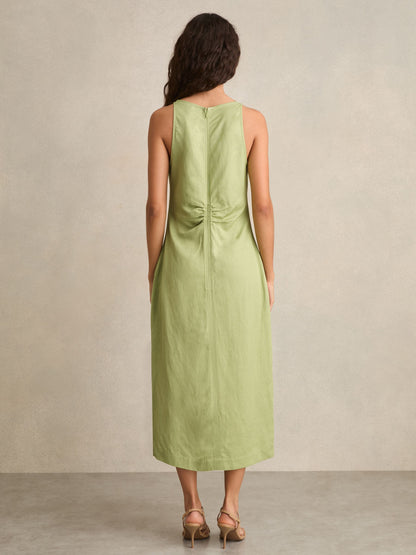 Ruched Sleeveless Midi Dress With Linen in Green