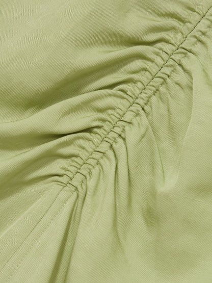 Ruched Sleeveless Midi Dress With Linen in Green
