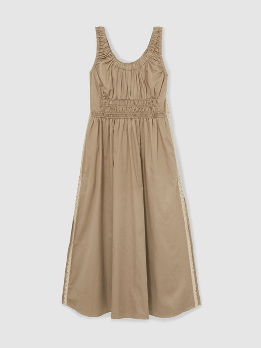Reiss Craft Stitch Shirred Midi Dress in Khaki