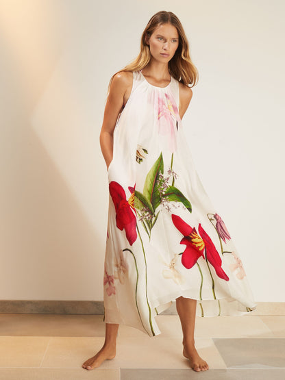 NYBG Floral Print Maxi Dress With Linen in Ivory