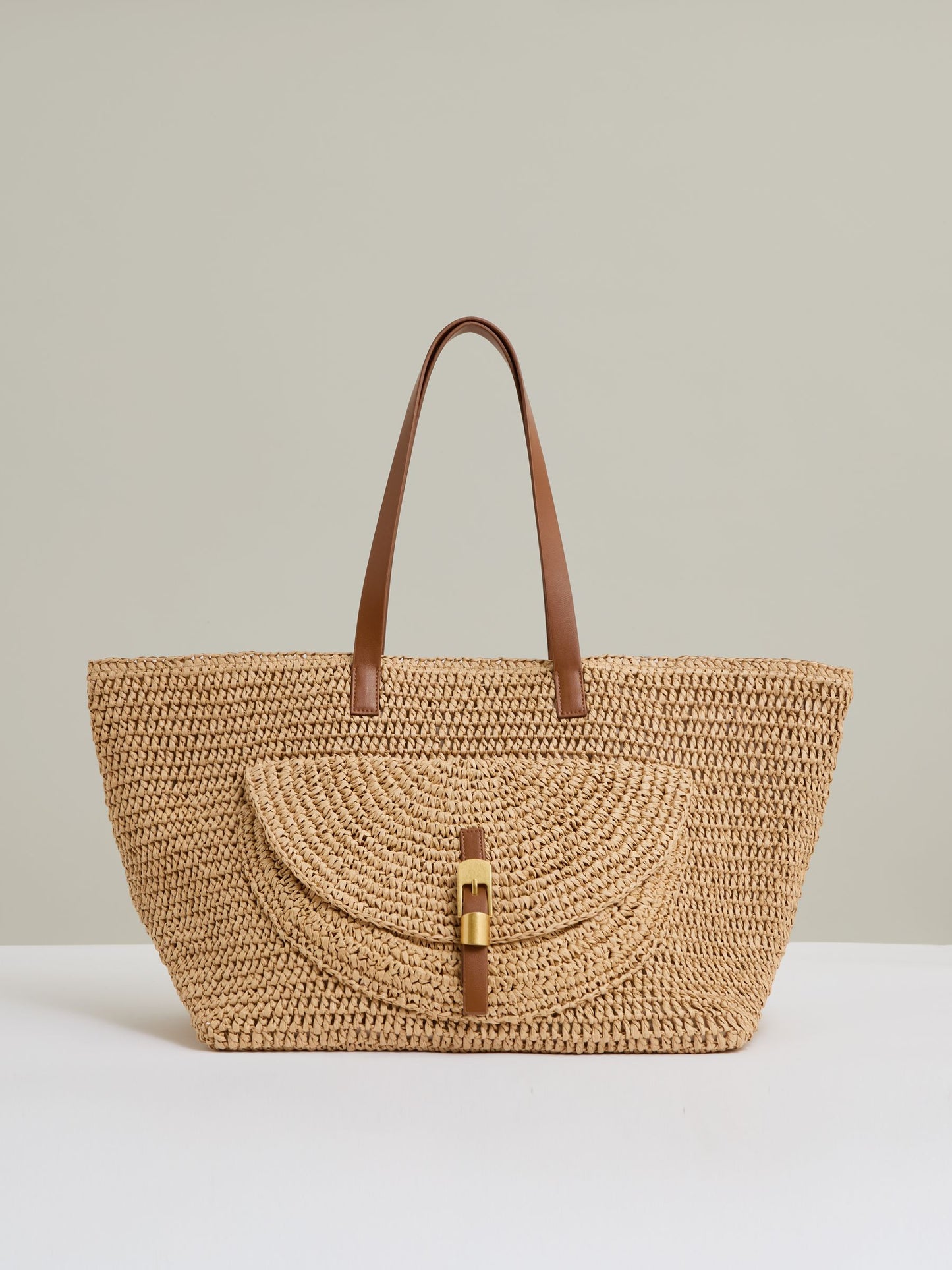 Flap-Pocket Raffia Tote Bag in Natural