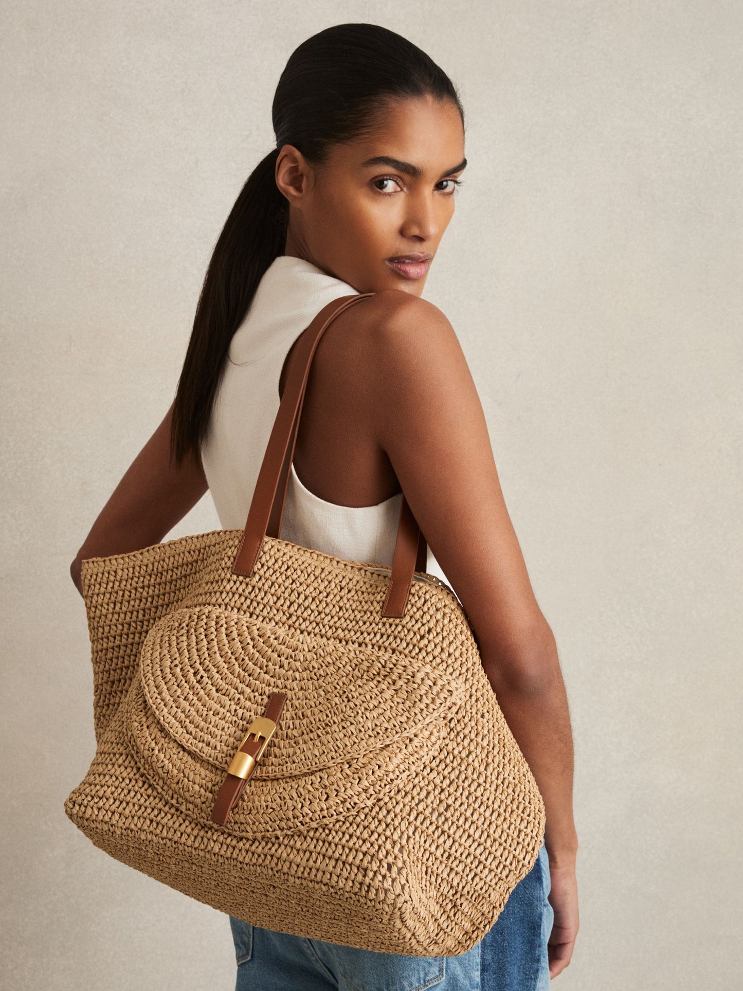Flap-Pocket Raffia Tote Bag in Natural