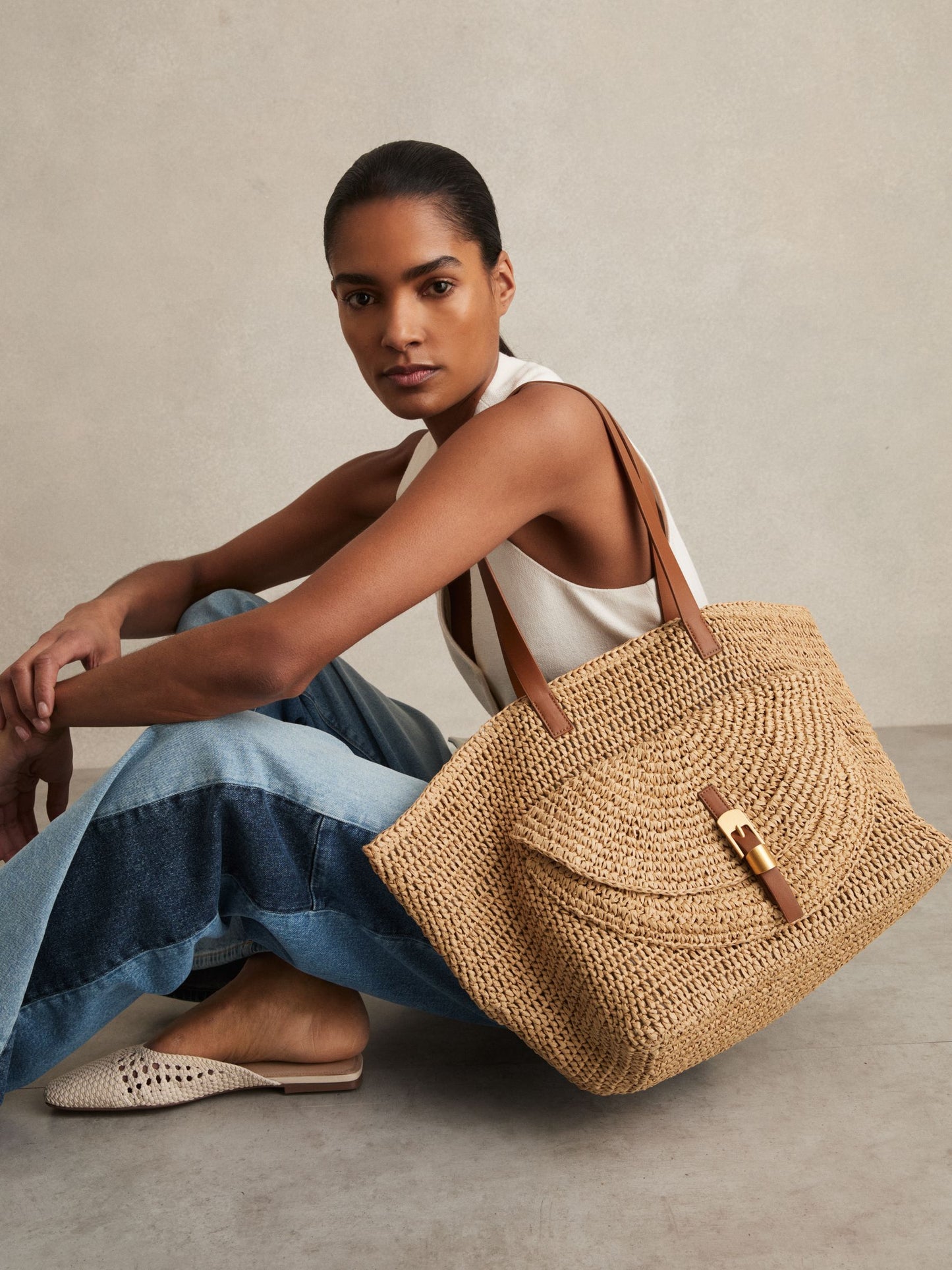 Flap-Pocket Raffia Tote Bag in Natural
