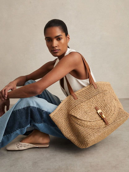 Flap-Pocket Raffia Tote Bag in Natural