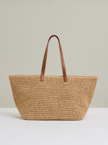 Flap-Pocket Raffia Tote Bag in Natural
