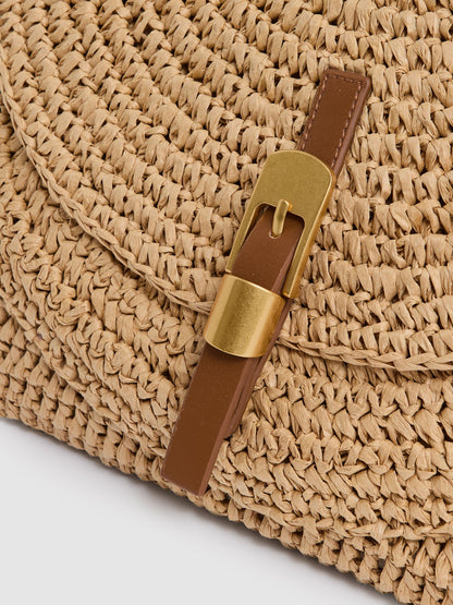 Flap-Pocket Raffia Tote Bag in Natural