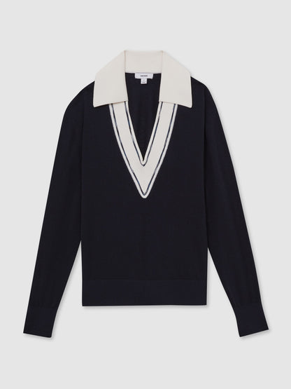 Wool Collared Cricket Jumper in Navy/White