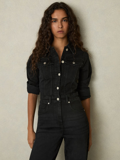 Wide-Leg Denim Jumpsuit in Black