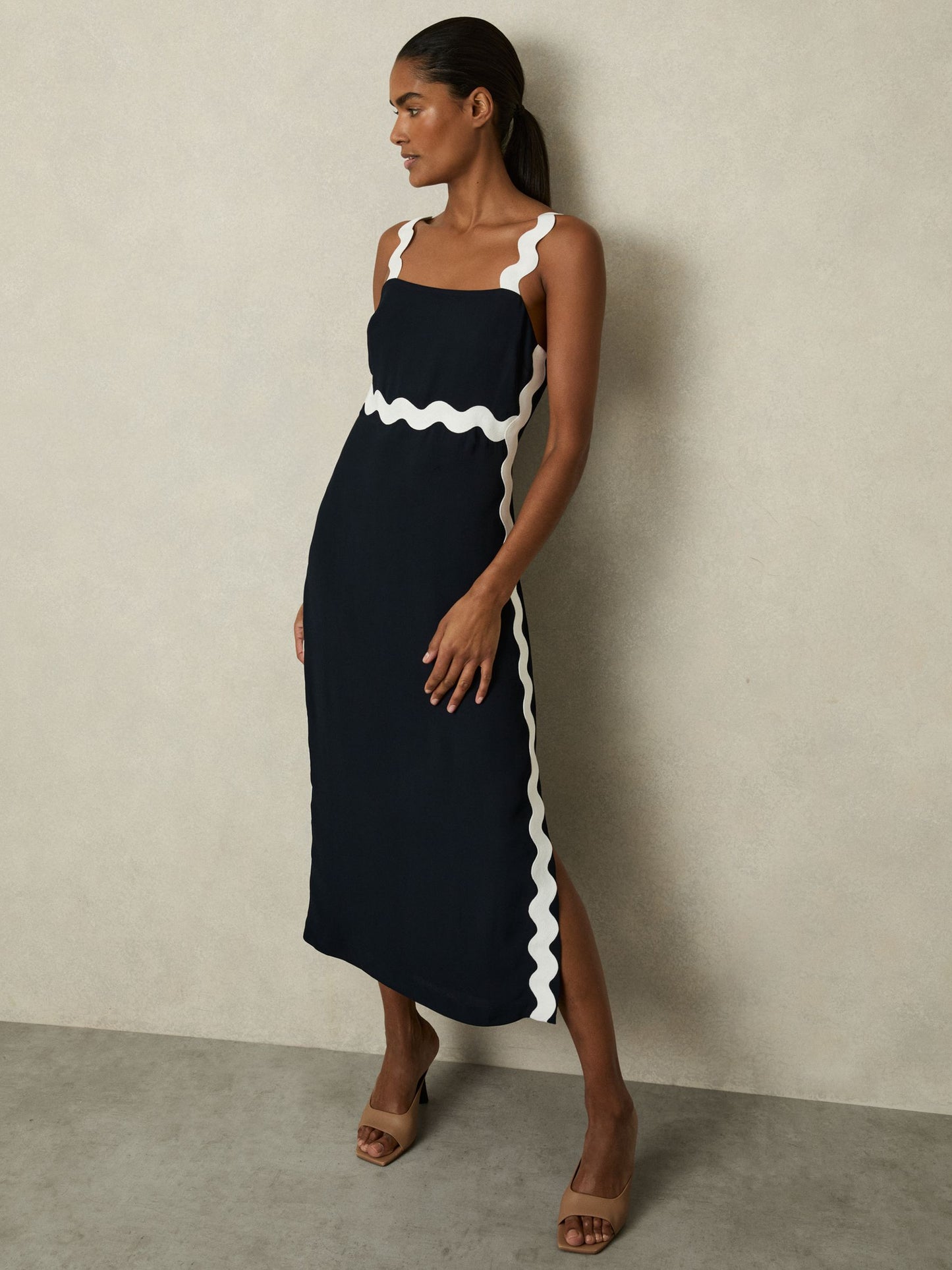 Wave-Trim Crepe Midi Dress in Navy