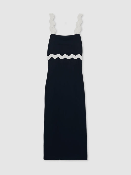 Wave-Trim Crepe Midi Dress in Navy