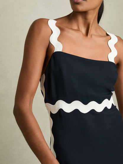 Wave-Trim Crepe Midi Dress in Navy