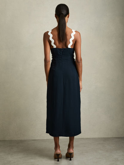 Wave-Trim Crepe Midi Dress in Navy