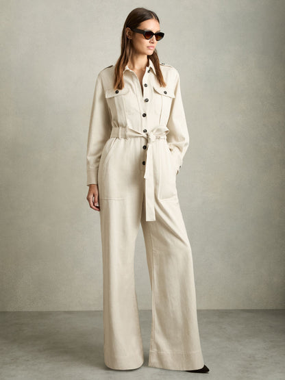 Reiss Wide Leg Utility Jumpsuit in Cream