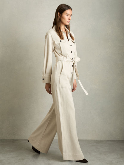 Reiss Wide Leg Utility Jumpsuit in Cream