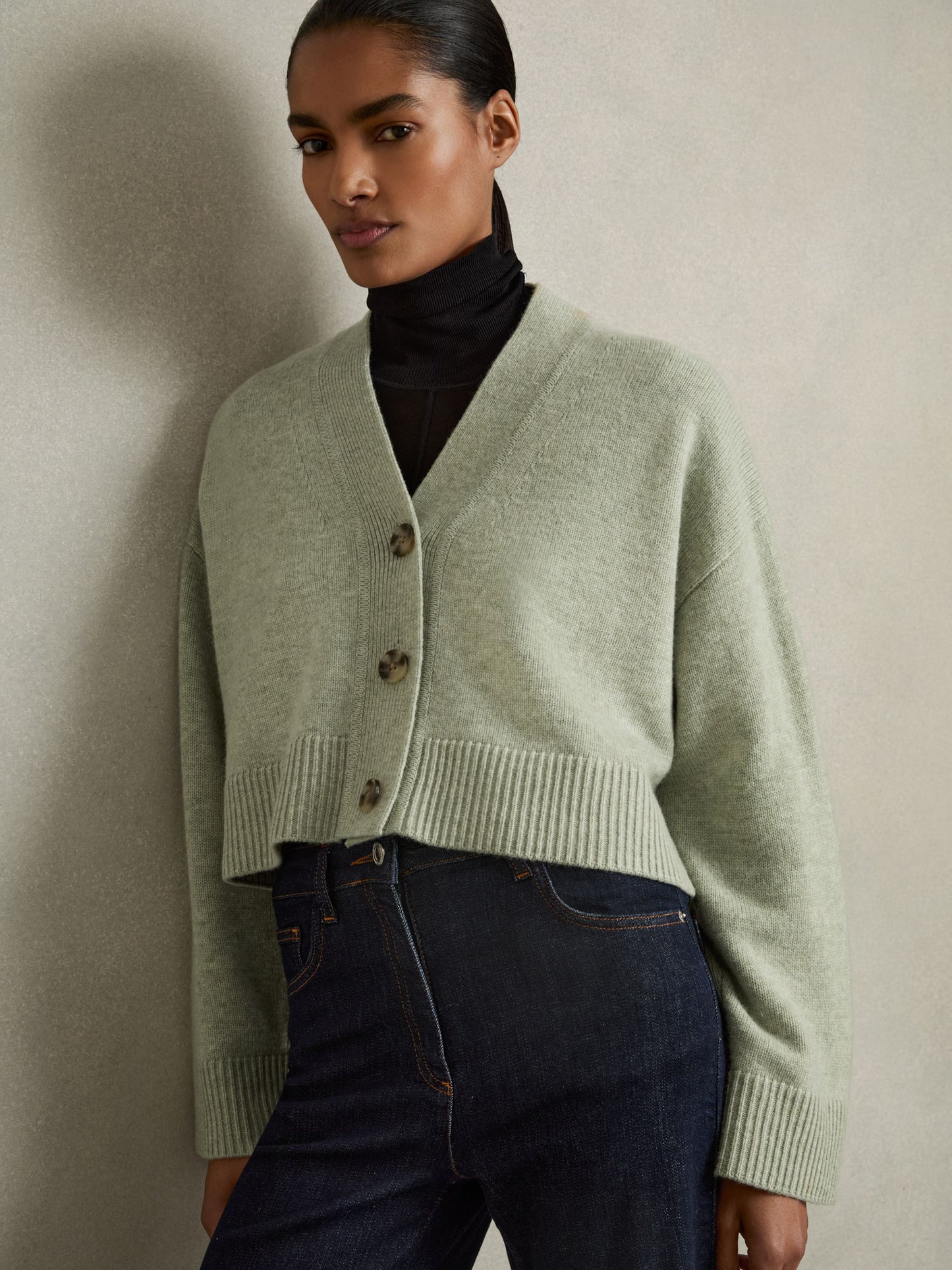 Reiss Wool-Cashmere Cropped Cardigan in Sage