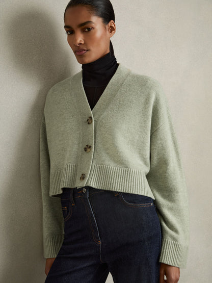 Reiss Wool-Cashmere Cropped Cardigan in Sage