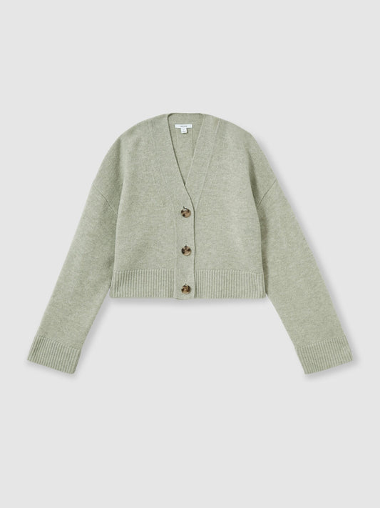 Reiss Wool-Cashmere Cropped Cardigan in Sage