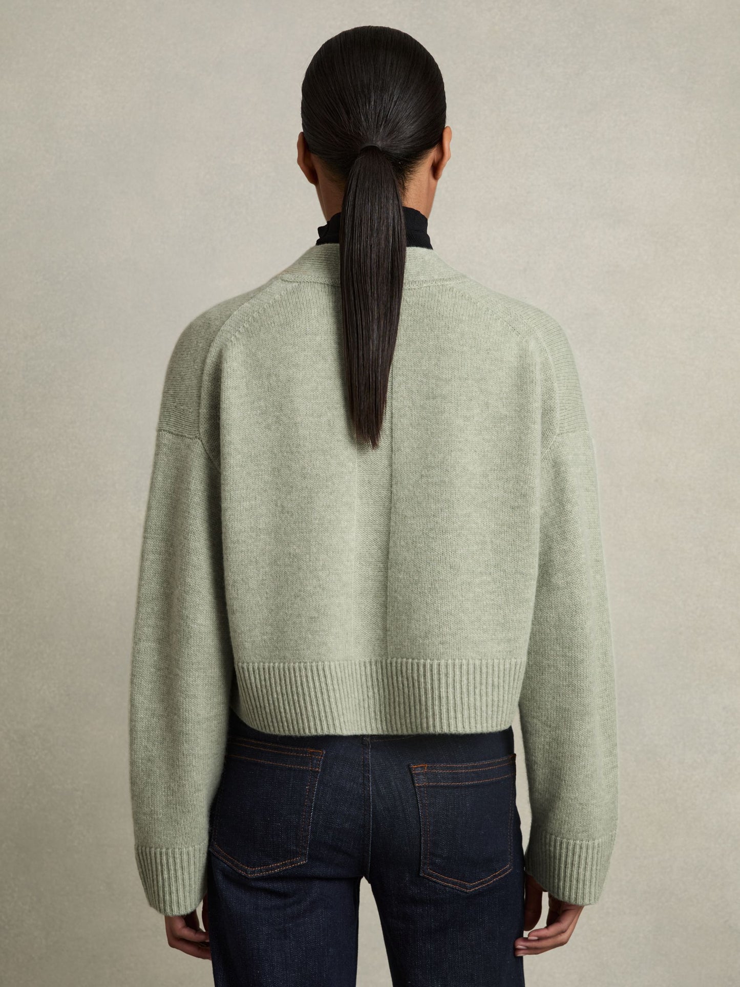 Reiss Wool-Cashmere Cropped Cardigan in Sage