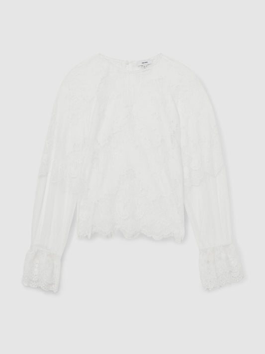 Lace Flared-Cuff Blouse in Ivory