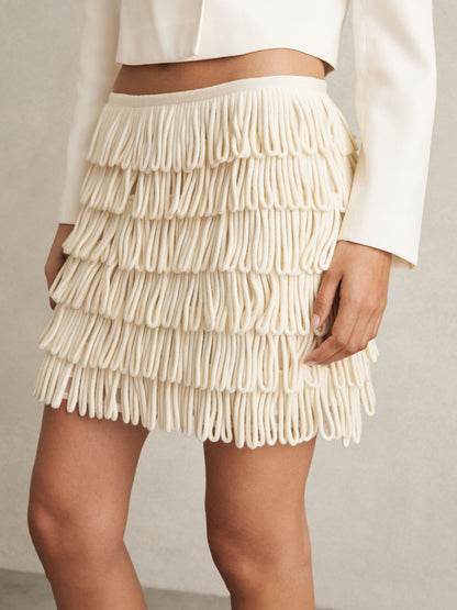 Loop-Stitch Fringe Mini Skirt in Ivory