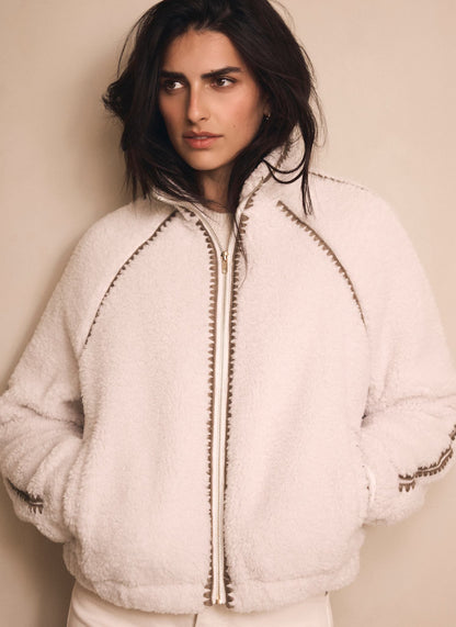 Cream Whipstitch Detail Borg Jacket