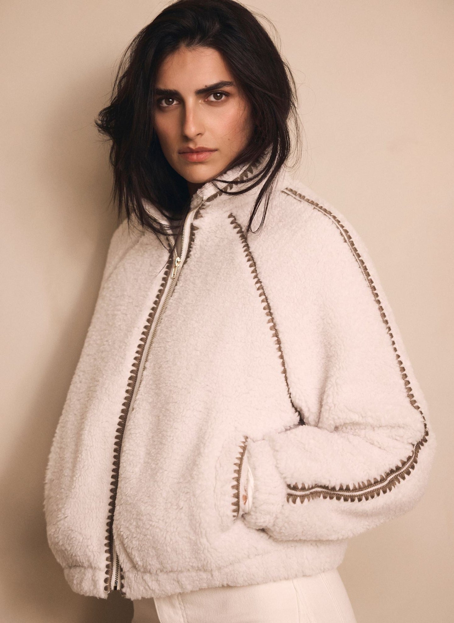 Cream Whipstitch Detail Borg Jacket