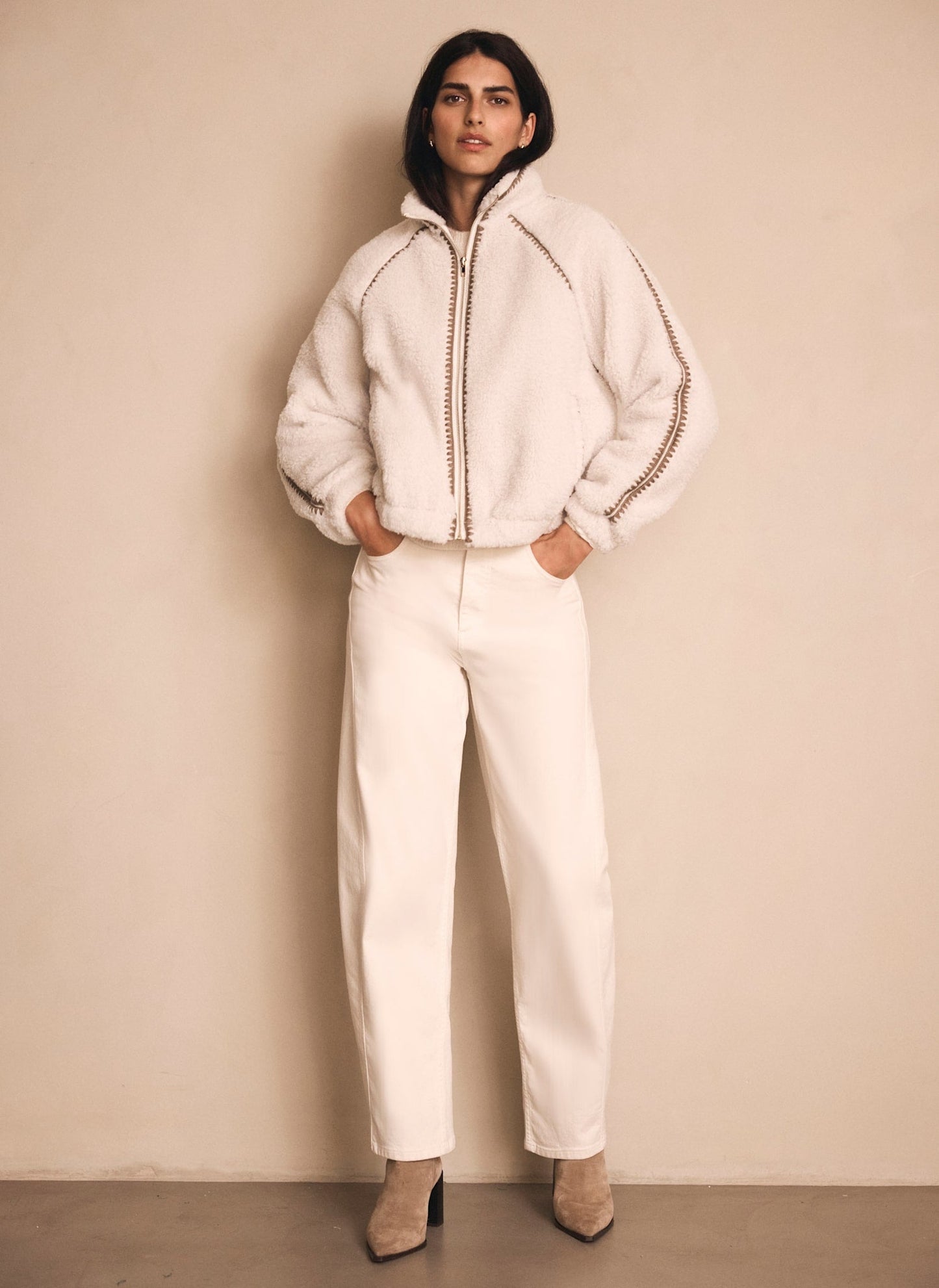 Cream Whipstitch Detail Borg Jacket