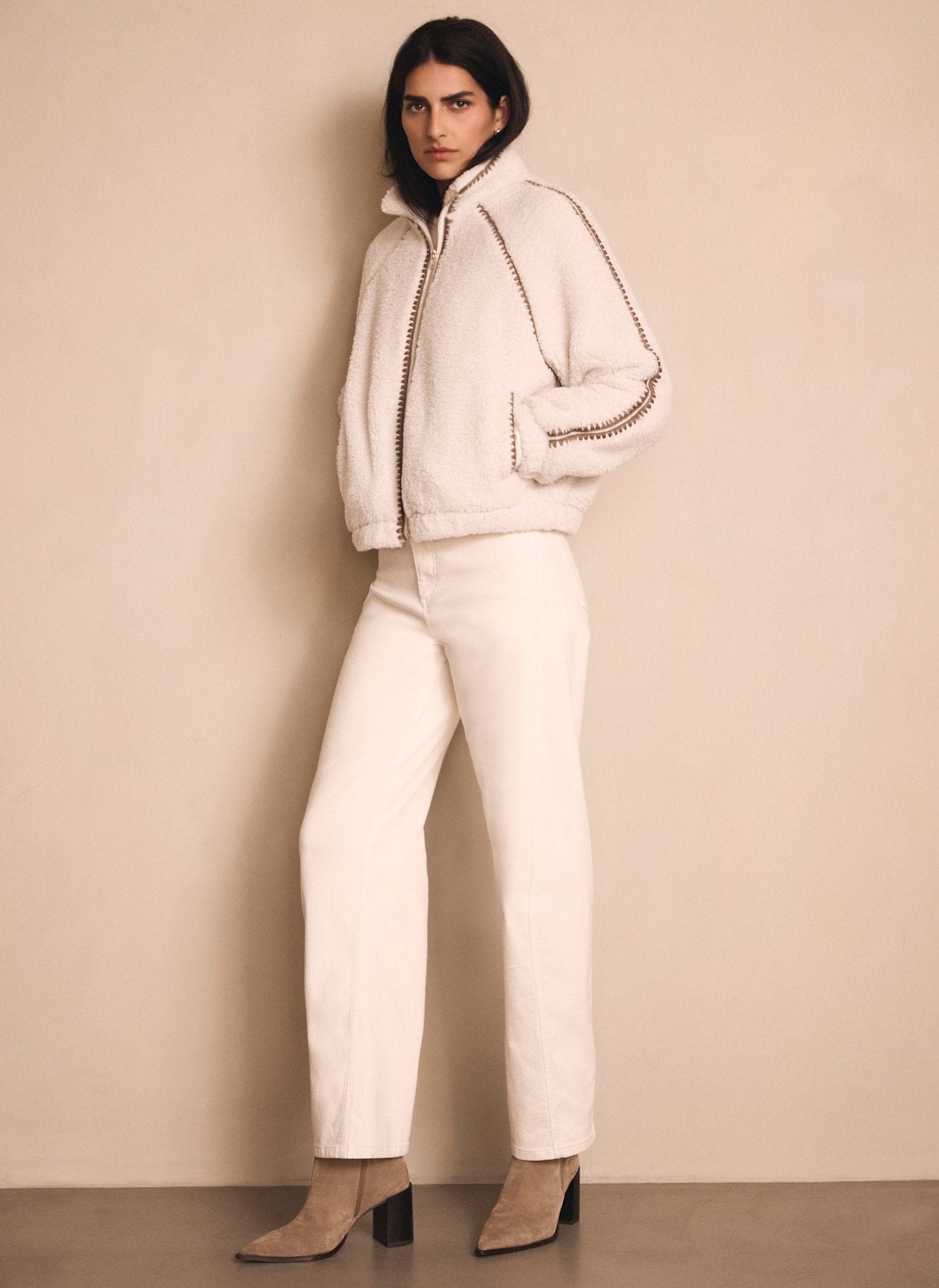 Cream Whipstitch Detail Borg Jacket