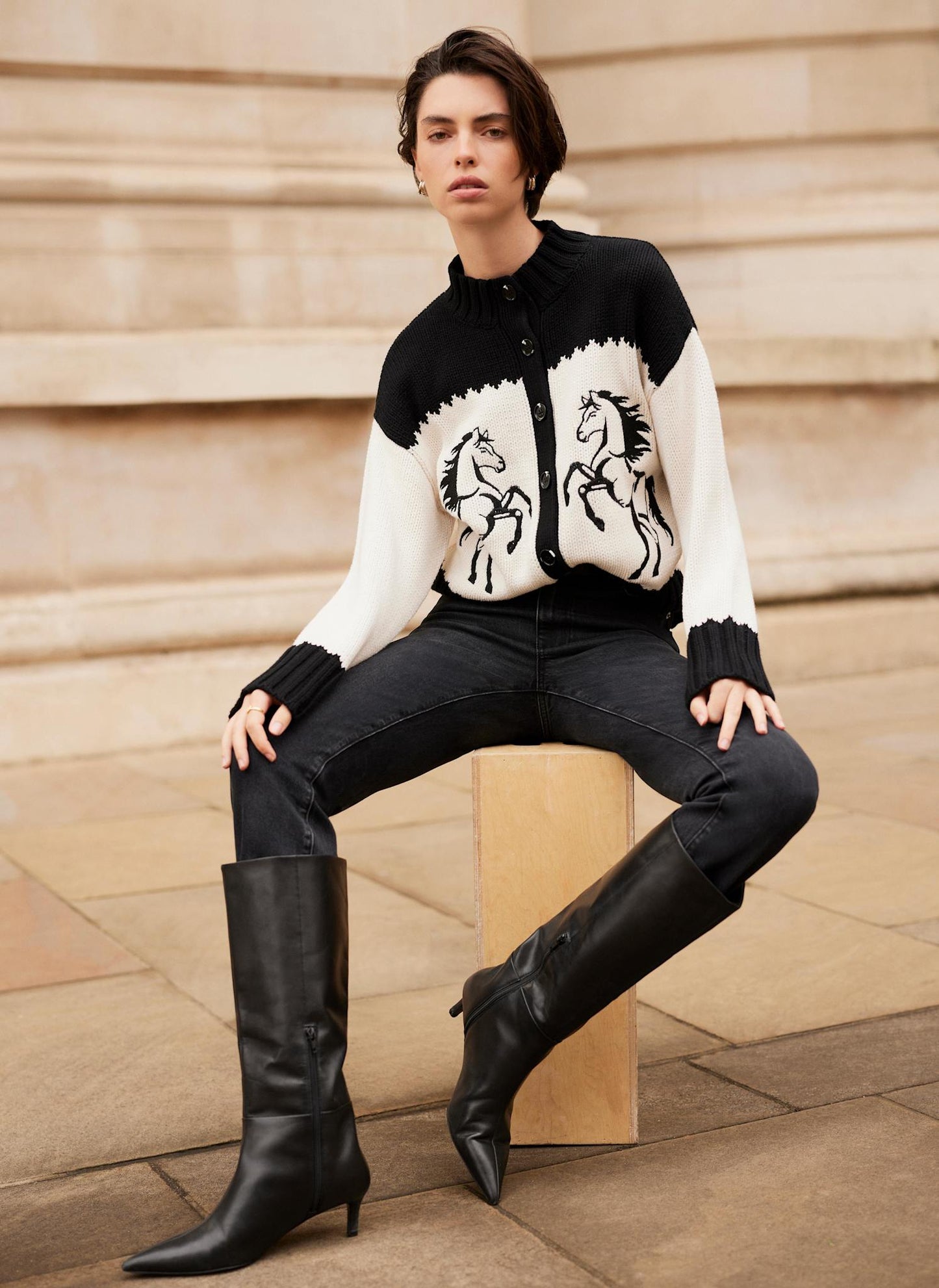 Black Cotton Blend Horse Cardigan