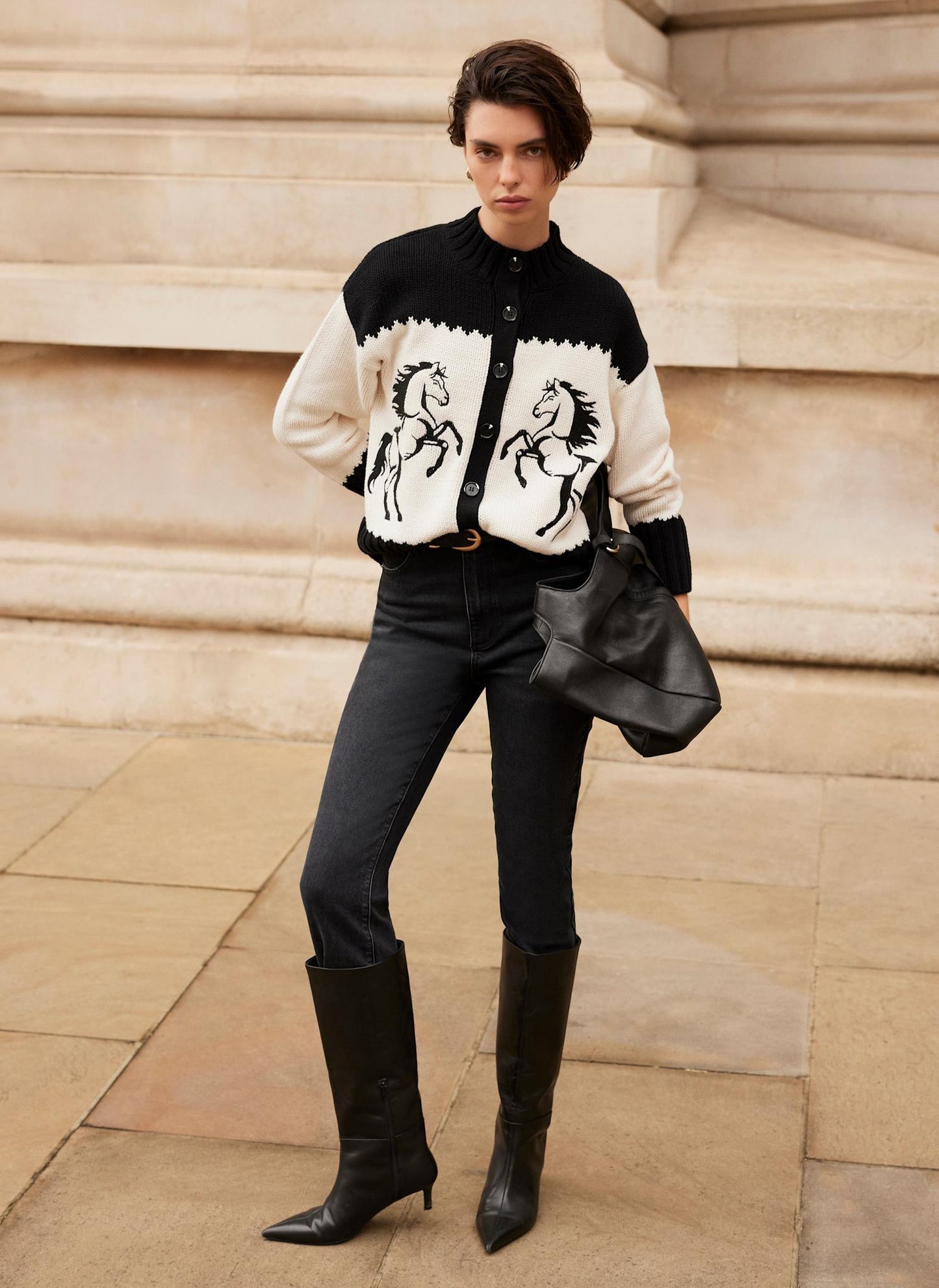 Black Cotton Blend Horse Cardigan