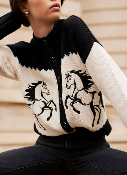 Black Cotton Blend Horse Cardigan