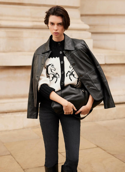 Black Cotton Blend Horse Cardigan