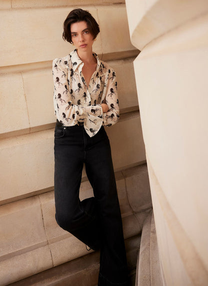 Cream Horse Print Sheer Blouse