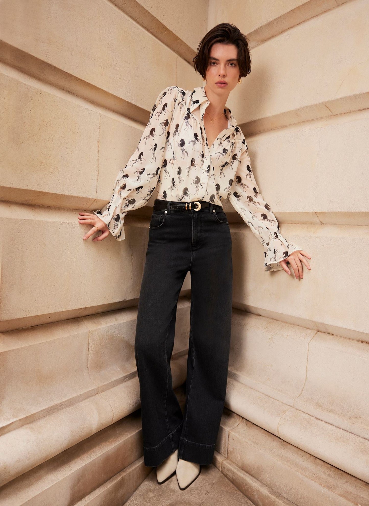 Cream Horse Print Sheer Blouse