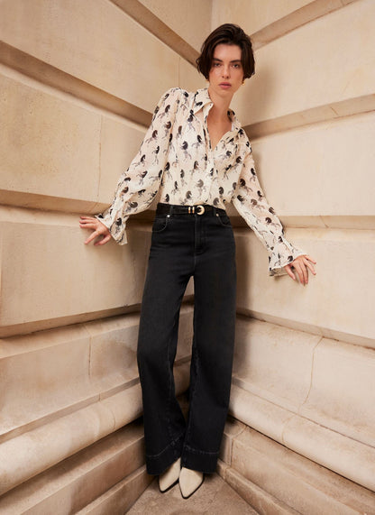 Cream Horse Print Sheer Blouse