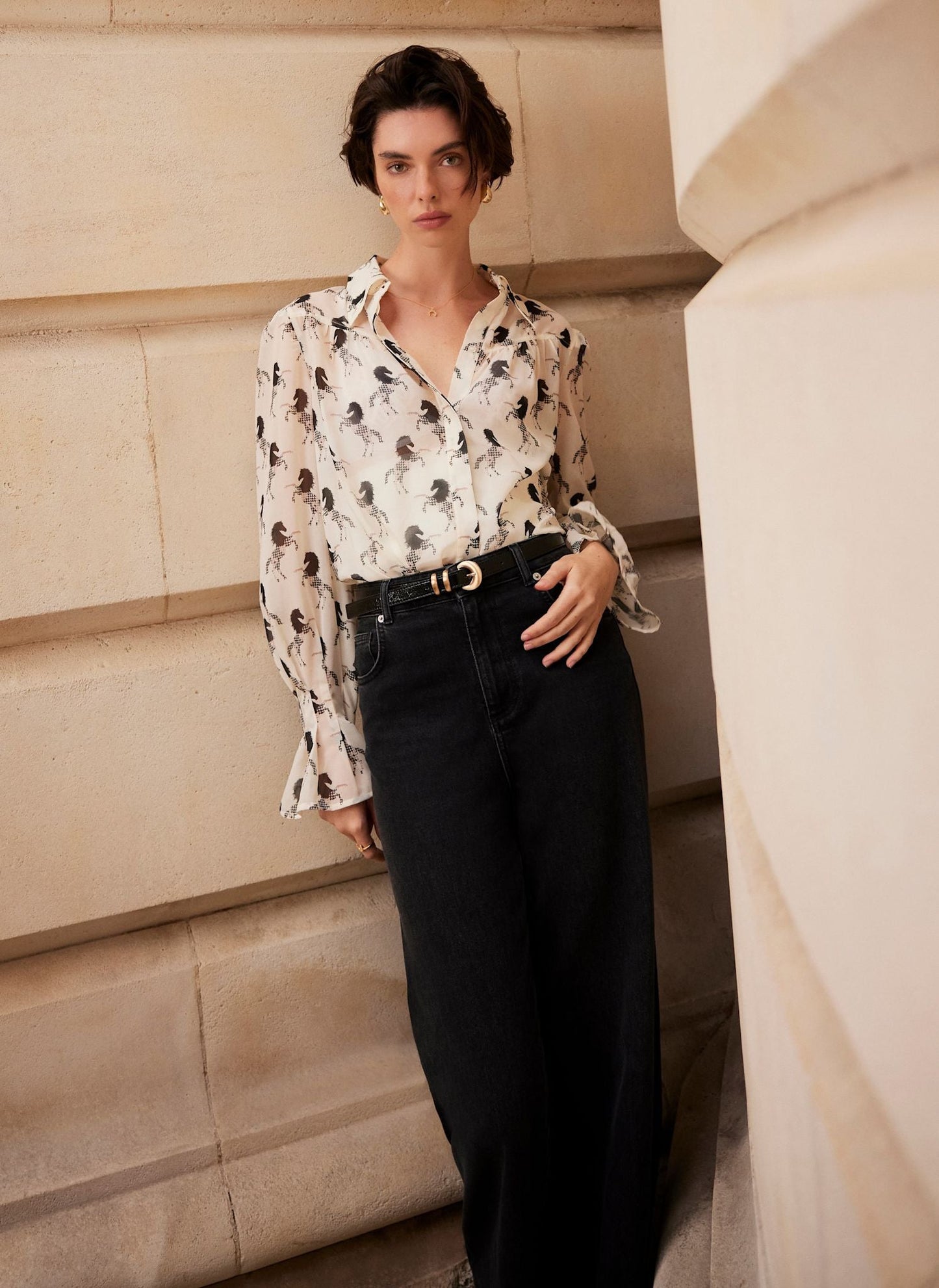 Cream Horse Print Sheer Blouse