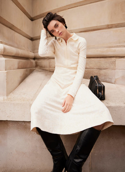 Cream Jacquard Zip Midi Dress