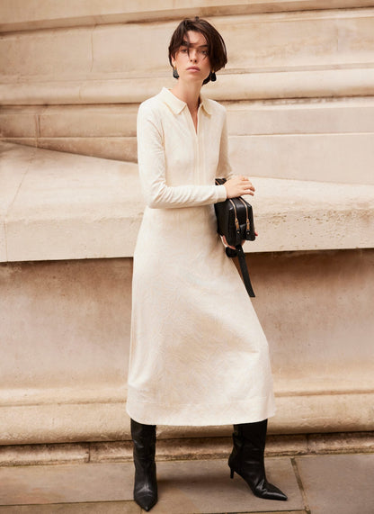 Cream Jacquard Zip Midi Dress