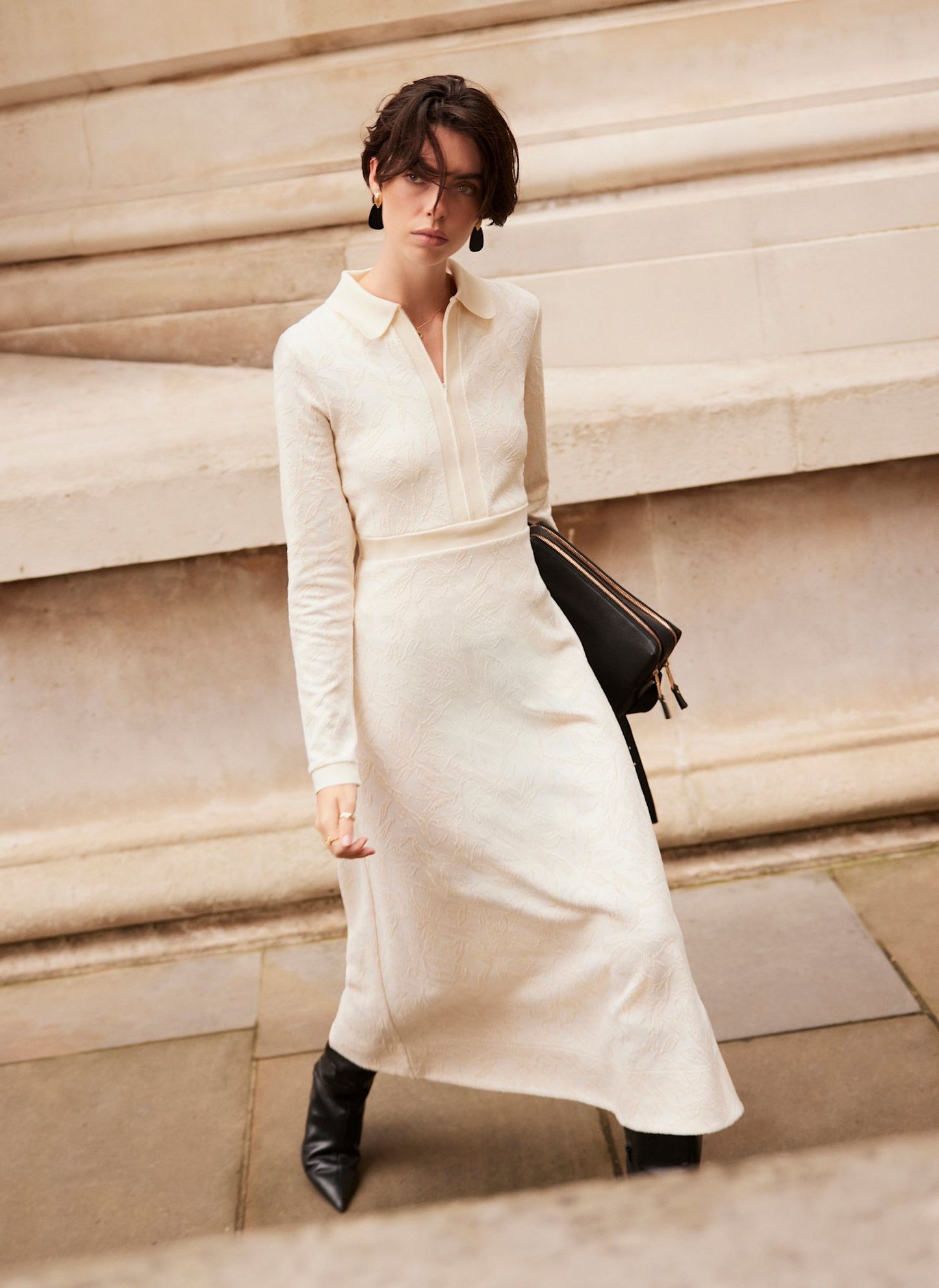 Cream Jacquard Zip Midi Dress