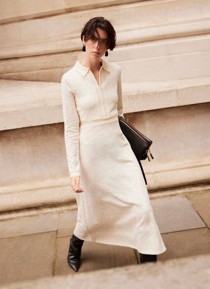 Cream Jacquard Zip Midi Dress