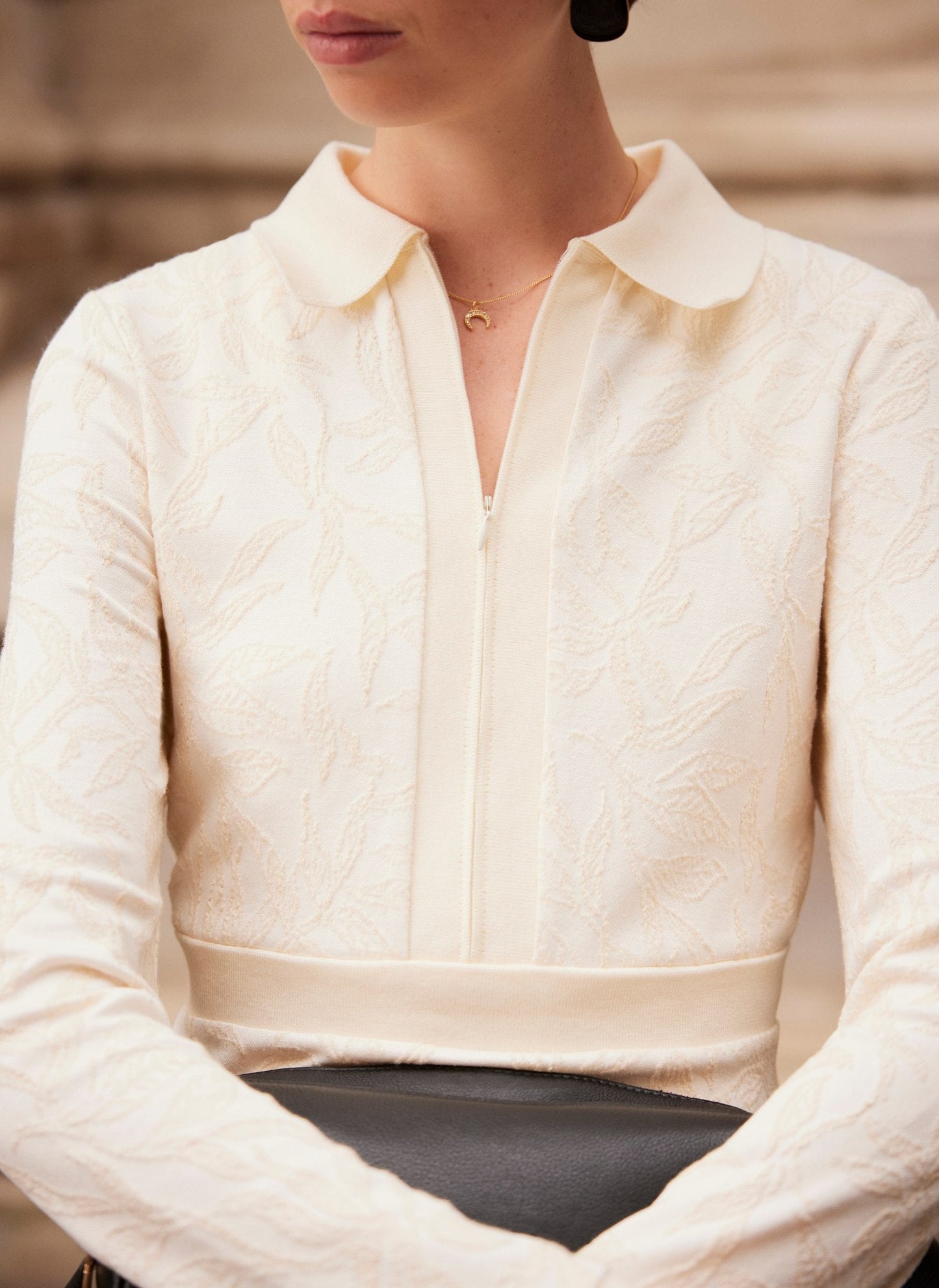 Cream Jacquard Zip Midi Dress