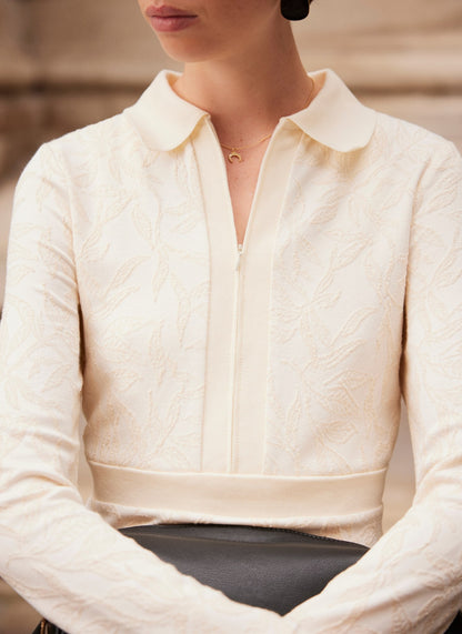 Cream Jacquard Zip Midi Dress