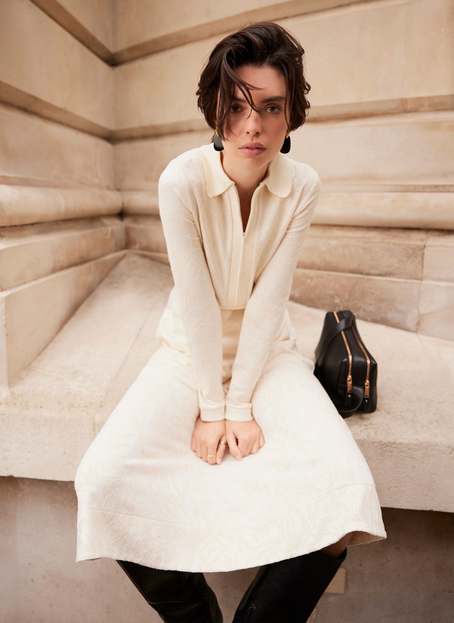 Cream Jacquard Zip Midi Dress