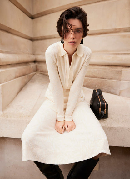 Cream Jacquard Zip Midi Dress