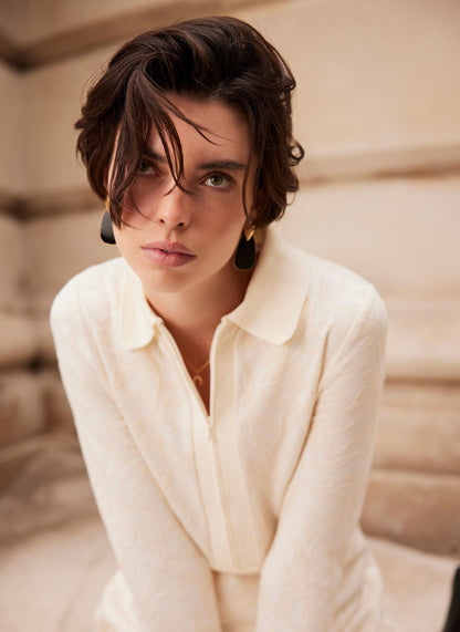 Cream Jacquard Zip Midi Dress